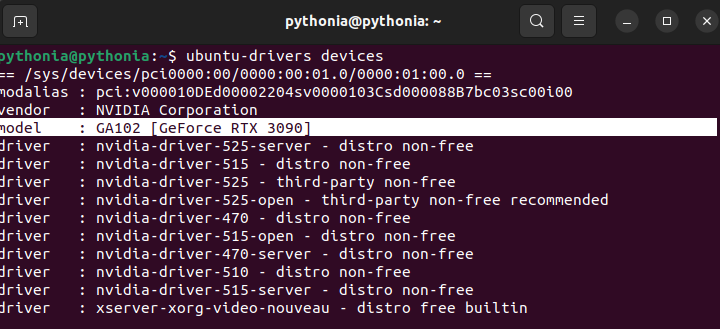 ubuntu-drivers devices command line pythonia