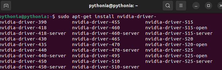sudo apt install nvidia-driver- command line pythonia